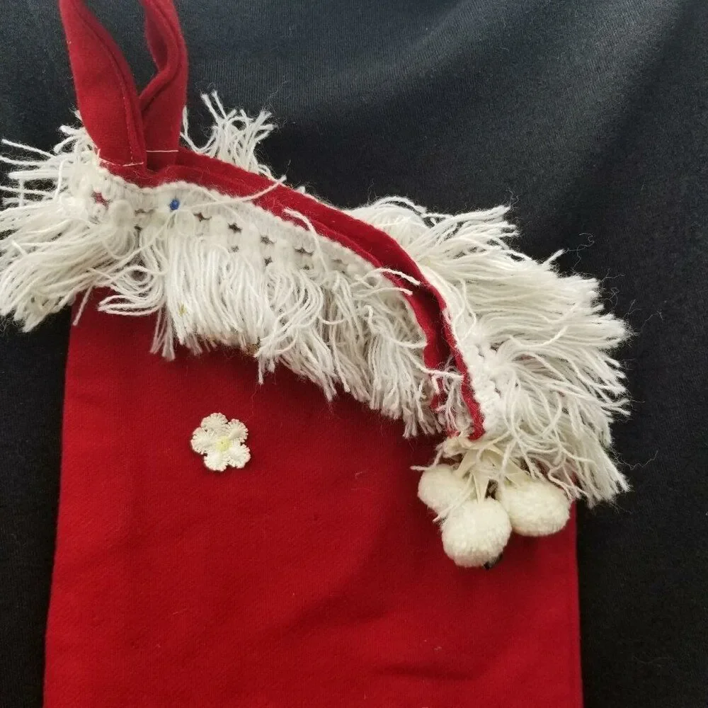 Vintage 60s Kitsch Large Christmas Red Stocking Pixie Blue Hair Hat Bells